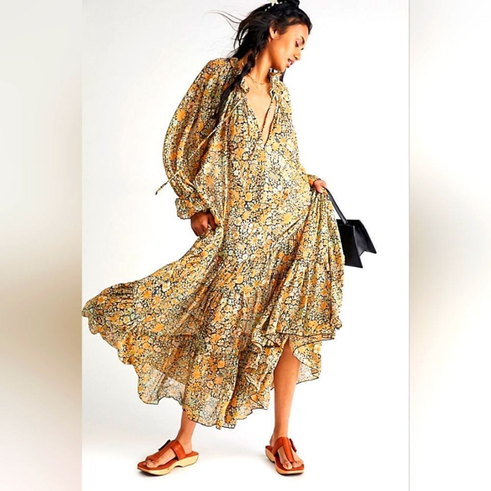 Free People Tan and Yellow Tiered Sundress with Bishop Sleeves